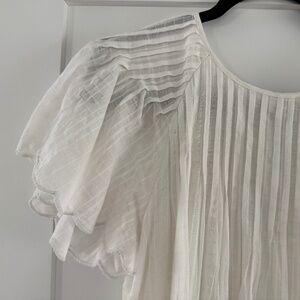 Mirth | white Pintuck dress, scallop sleeves, button detail and sash